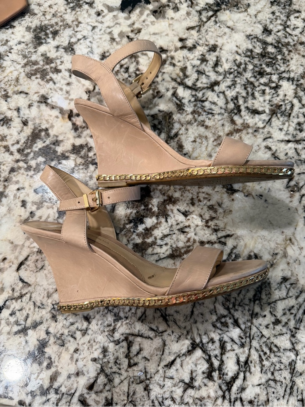 Vintage Carolina Espinosa Nude Leather Wedge w Gold Chain Trim-PERFECT NEUTRAL